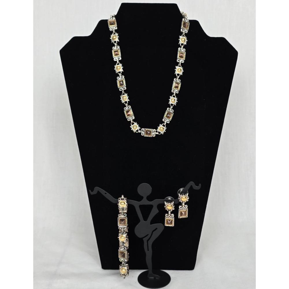 Jewelry Set Gem Charm Necklace, Bracelet, Earrings Silver, Gold & Bronze Tones